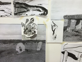 An experimental work of Lizzy’s where she papered her studio with a series of black and white prints, a mixture of charcoal drawings with photographs and stills from her films. Of the drawings, Lizzy wrote “I discovered a series of books by Ishomoto and called The Art of Flower Arranging when I was exploring floristry. Much of contemporary flower arranging seems to come from the ideas in these books which were published in the 1950s. I was drawn to these as they seem to be making direct links between landscape and nature and transforming one form through expression into another which captures the essence of the former through distillation of shape and texture. These works for me are really an exploration of line and mark marking.”