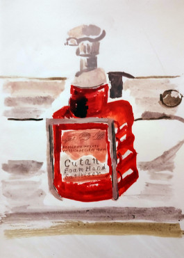 A watercolour painting of a bottle of Cutan hand sanitiser, softly rendered, giving a glimpse into the feeling of life in a hospital ward 