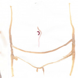 Paint that changes from grey to pink to purple to peach traces out a selfie of a bare stomach a bearing large scar above white underpants. 