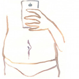 A painted outline of a figure in underpants cut off at the torso and upper thigh holds up an iphone to photograph the scar on their abdomen 