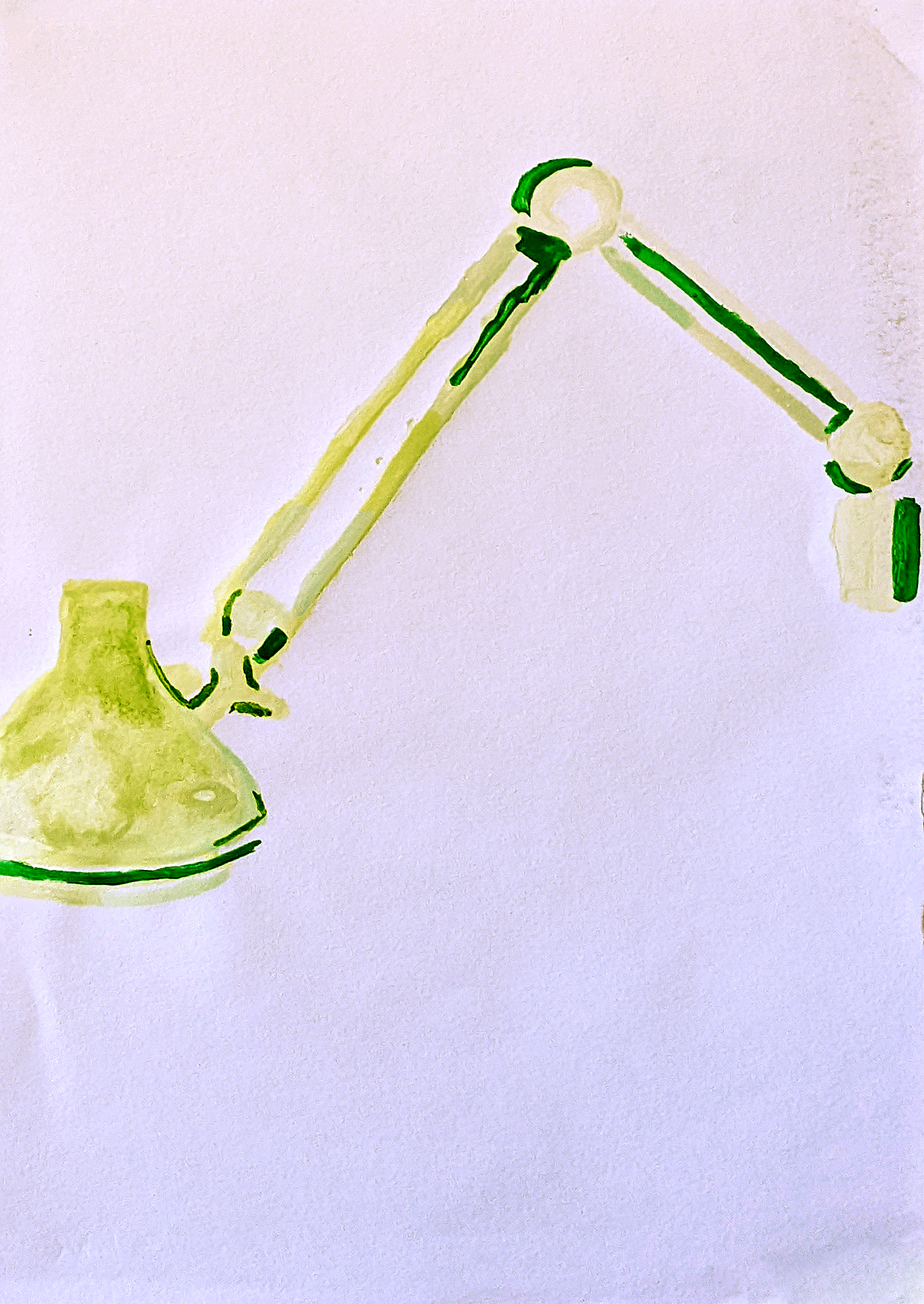A watercolour painting of a beige hospital side lamp, the institutional look of the hospital softened by the brushstrokes. 