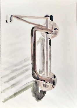 A grey drip hook, painted in watercolour, the metal softened by the application of the paint 
