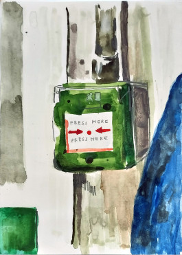 A watercolour painting of a green emergency alarm. The painting has a blurry, dreamlike quality as if viewed through a fog of sleep, medication or illness 