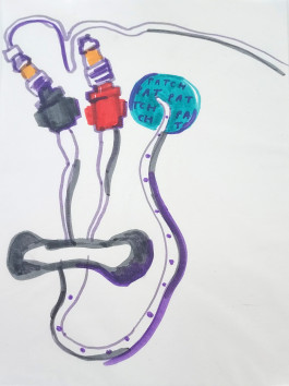 A felt-tip line drawing on portrait-oriented white paper. This shows a tube, drawn with grey and purple outlines, passing through a valve (coloured grey) to a green coloured disc, on which the word 