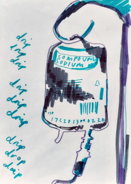 A drawing made with green, purple and grey pen on portrait oriented white paper. The right and centre of the composition show a wonky drip hook holding a bag on which are written the words, 