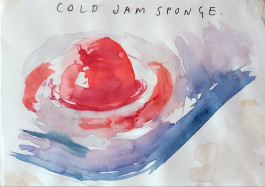 The painting looks like it was made very quickly in five or six strokes perhaps, but even if the subject (COLD JAM SPONGE) wasn’t declared in capital letters at the top of the painting, we’d know it was of something sweet, the impression of a glistening mound of cherry red wobbles temptingly on a tray. 