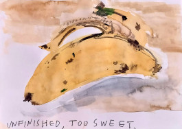 A fat, yellow banana against a hazy background of brown suggesting a cloying overripeness, confirmed by the caption at the bottom of the page: UNFINISHED: TOO SWEET 