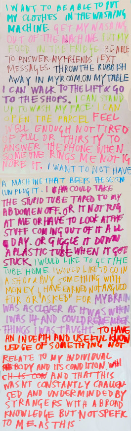 Handwritten text on a long piece of portrait orient paper. The text appears to have been written hastily in capital letters, and in primary felt-tip colours. It reads: 