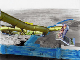 A collage. A yellow American-style water slide is superimposed at an improbable angle over a black and white print of Margate's LIDO with angry seas swirling around it. Part of the photograph is painted over with transparent blue. 