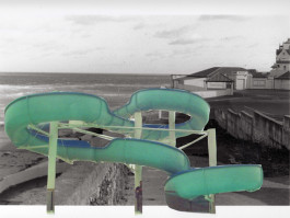 A collage. A bright turquoise American-style water slide is superimposed awkwardly over a black and white print of Margate's LIDO