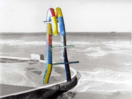 A collage. A multicoloured American-style water slide is superimposed at an improbable angle over a black and white print of Margate's LIDO with angry seas swirling around it. 