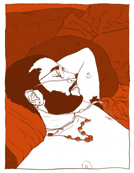 Pop-art style Illustration of a side profile of a trans masculine person, shown from the chest up. He is shirtless and up laying down in in bed. It is done in a monochromatic red-orange scheme. His face is white and his pulled back hair and beard are a dark orange, with lighter orange colored pillows in the background. He has his arm folded behind his head, his eyes are closed. He’s wearing an oxygen cannula and has various orange colored necklaces adorning his chest. 