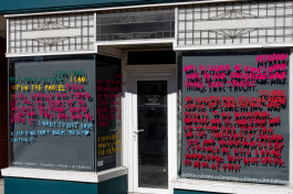 Untitled (A Machine That Beeps), Date unknown. Vinyl transfer of the the original felt-tip onto the windows of Well Projects 2023 