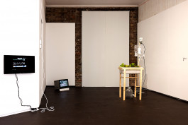 A room with plain white walls and panels overlaid on an older brick structure is sparsely furnished in a seemingly ad-hoc manner. To our left, a flatscreen TV shows a heart monitor signal. The cables from the screen trail on the floor, as if set-up temporariliy. In the background a CRT monitor sits on the cork floor, propped up at one end on a white foam block. To the right, lettuce is being fed hydroponically from a drip in a wooden standing frame seemingly made for that specific task. 