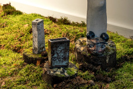 Arrangement, installation detail showing moss and ceramics. Photo: Steven Cass, 2023 